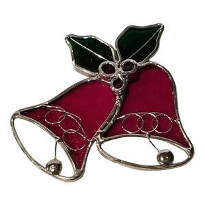 Vtg Hand Crafted Stained Glass Red Christmas Bells Holly Berries Window Decor